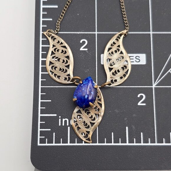 VTG West German Silver Filigree Necklace 16" Blue Glass Stone 1950s - Picture 13 of 13